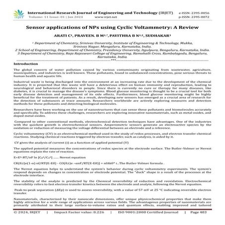 Sensor applications of NPs using Cyclic Voltammetry: A Review