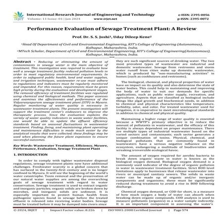 Performance Evaluation of Sewage Treatment Plant: A Review