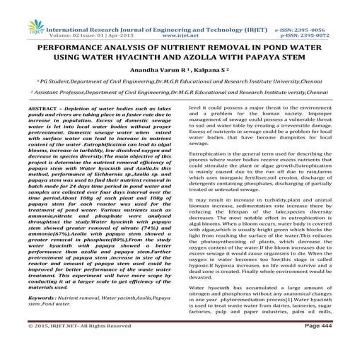 IRJET-Performance Analysis of Nutrient Removal in Pond Water Using Water Hyac...