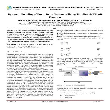 Dynamic Modeling of Pump Drive System utilizing Simulink/MATLAB Program