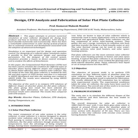 Design, Analysis and Investigation of Solar flat Plate Collector | PDF