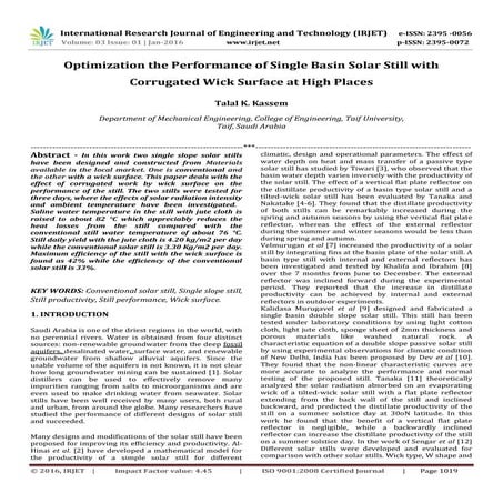 Thermal Performance of a Tubular Solar Still | PDF