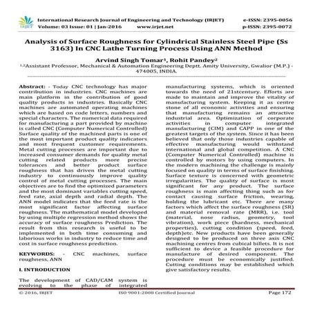 Analysis of Surface Roughness for Cylindrical Stainless Steel Pipe (Ss 3163) ...