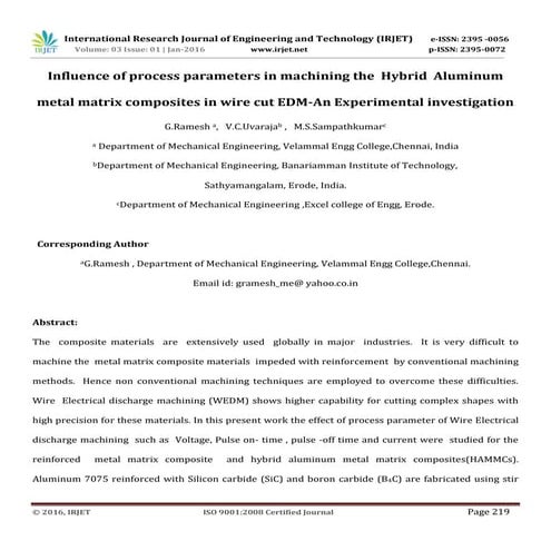 Influence of process parameters in machining the Hybrid Aluminum metal matrix...