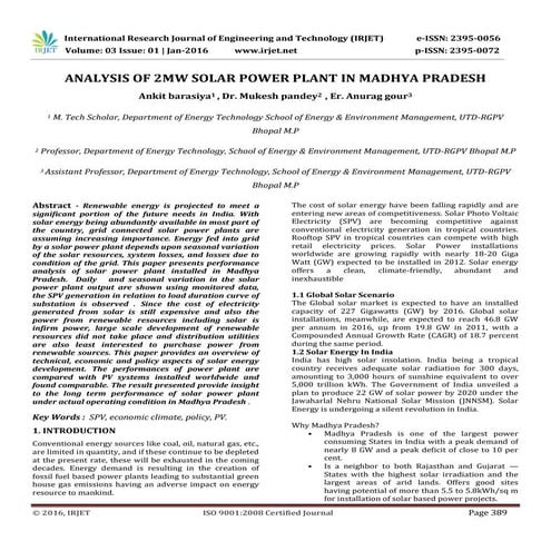 Analysis of 2MW Solar Power Plant in Madhya Pradesh | PDF