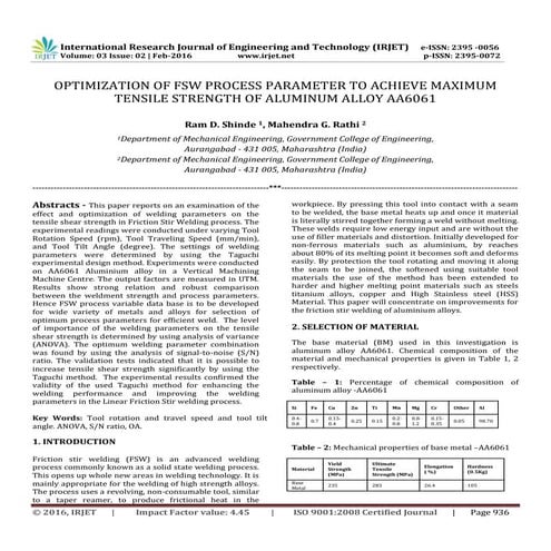 Optimization of FSW Process Parameter to Achieve Maximum Tensile Strength of ...