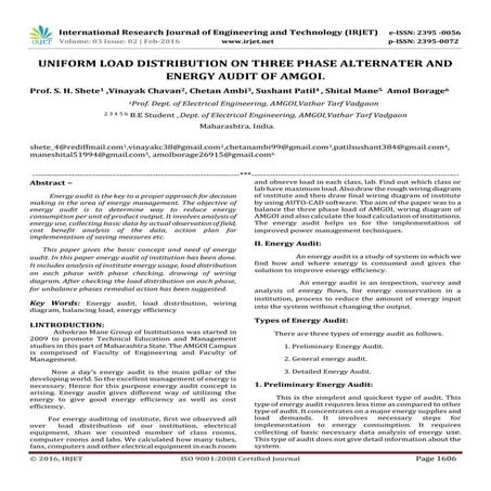 Uniform Load Distribution on Three Phase Alternater and Energy Audit of AMGOI