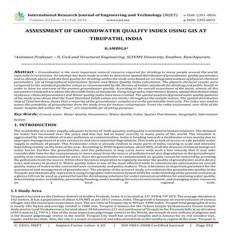 Assessment of Groundwater Quality Index Using GIS at Tirupathi, India