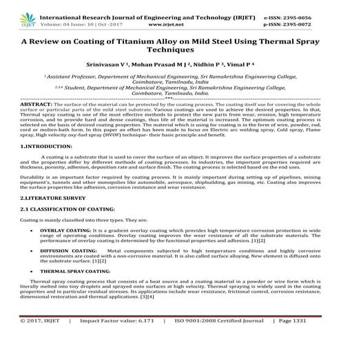 A Review on Coating of Titanium Alloy on Mild Steel using Thermal Spray Techn...