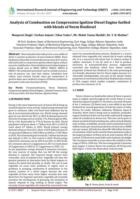 Analysis Of Combustion On Compression Ignition Diesel Engine Fuelled Analysis Of Combustion On Compression Ignition Diesel Engine Fuelled