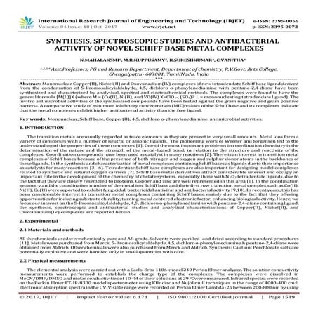 Synthesis, Spectroscopic Studies and Antibacterial Activity of Novel Schiff B...