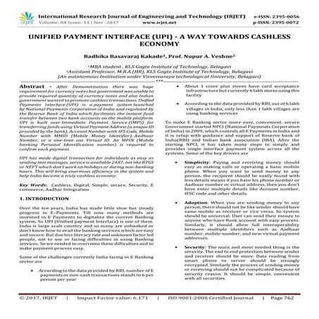 Unified Payment Interface (UPI) - A Way Towards Cashless Economy