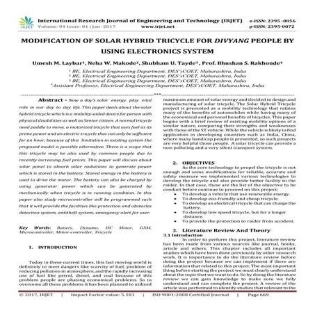 Modification Of Solar Hybrid Tricycle for Divyang People By Using Electronics...