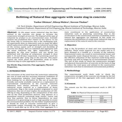 Befitting of Natural Fine Aggregate with Waste Slag in Concrete