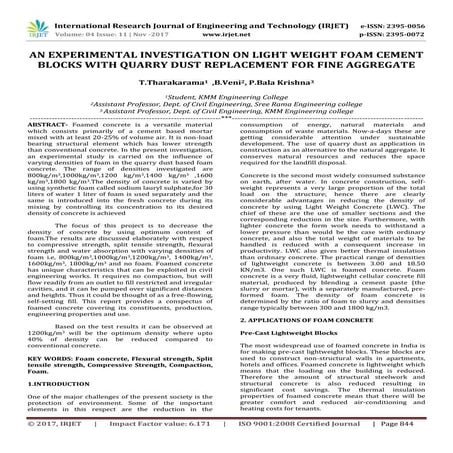 An Experimental Investigation on Light Weight Foam Cement Blocks with ...