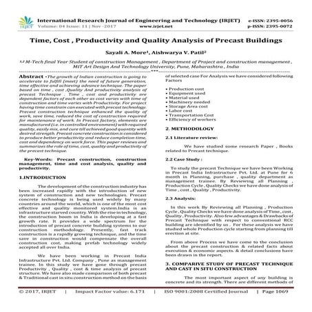 Time, Cost , Productivity and Quality Analysis of Precast Buildings | PDF