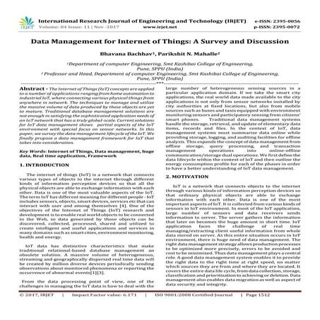 Data Management for Internet of things : A Survey and Discussion