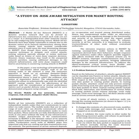 A Study on -Risk Aware Mitigation for MANET Routing Attacks