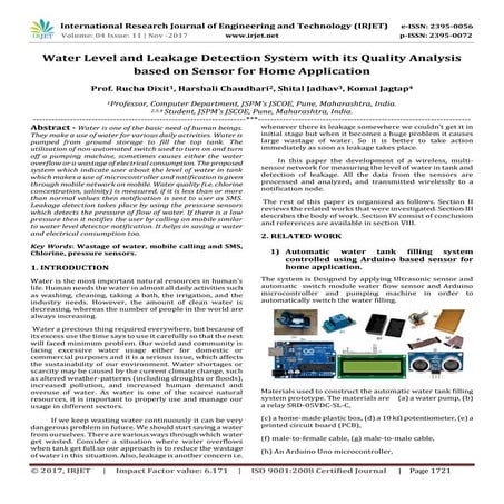 Water Level and Leakage Detection System with its Quality Analysis based on S...