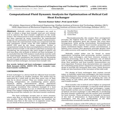 Computational Fluid Dynamic Analysis for Optimization of Helical Coil Heat Ex...