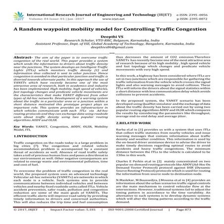 A Random waypoint mobility model for Controlling Traffic Congestion