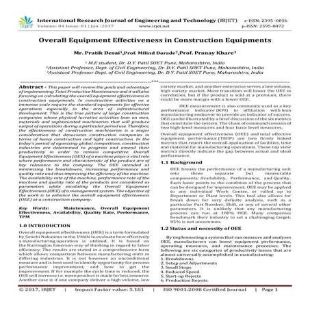 Overall Equipment Effectiveness in Construction Equipments
