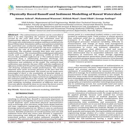 Physically Based Runoff and Sediment Modelling of Rawal Watershed