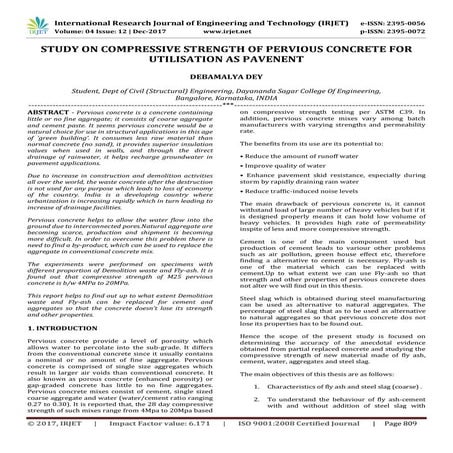 Study on Compressive Strength of Pervious Concrete for Utilisation as Pavenent