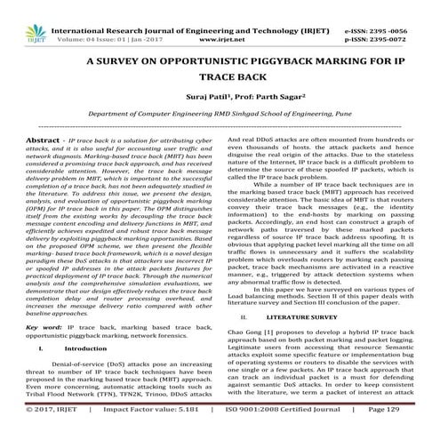 A Survey On Opportunistic Piggyback Marking For IP Trace Back
