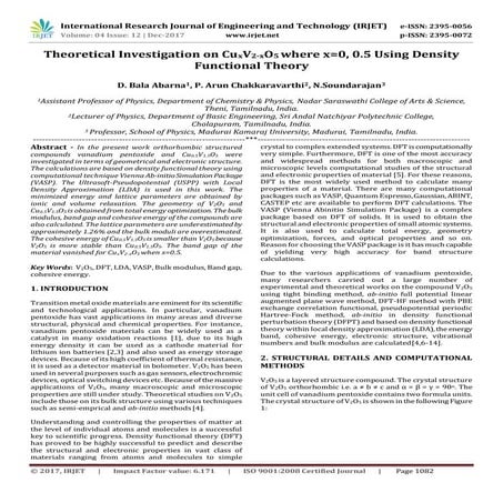 Theoretical Investigation on CuxV2-xO5 where x=0, 0.5 Using Density Functiona...