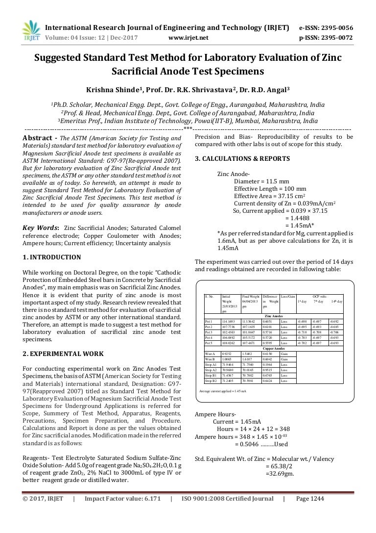 Suggested Standard Test Method for Laboratory Evaluation of Zinc Sacr…