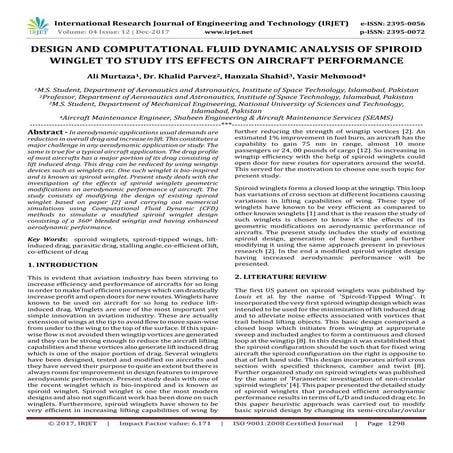 Design and Computational Fluid Dynamic Analysis of Spiroid Winglet to Study i...