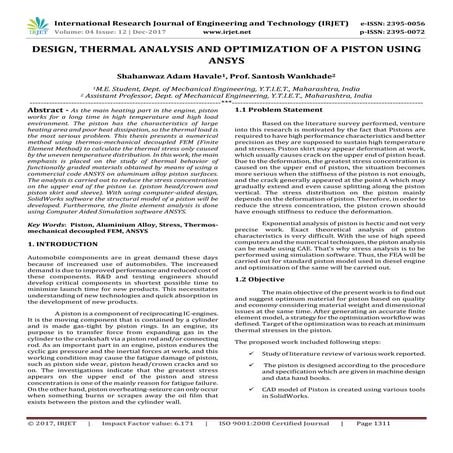 Design, Thermal Analysis and Optimization of a Piston using Ansys | PDF