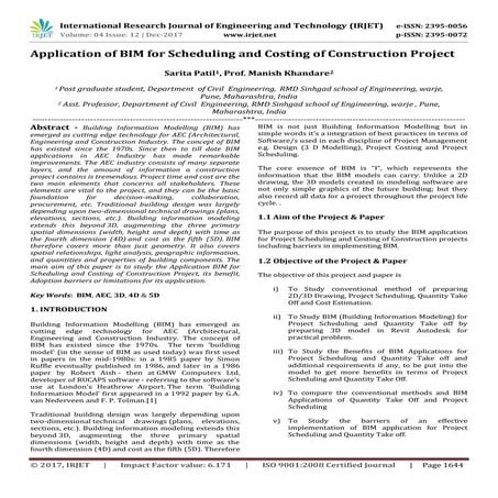 Application of BIM for Scheduling and Costing of Construction Project