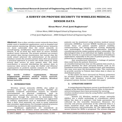 IRJET-A Survey on provide security to wireless medical sensor data