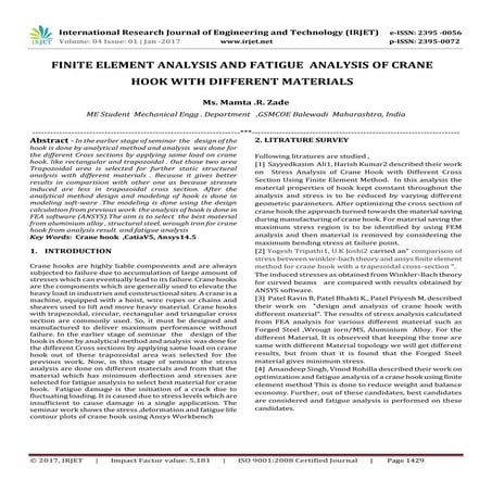 Finite Element Analysis and Fatigue  analysis of Crane Hook with Different Ma...
