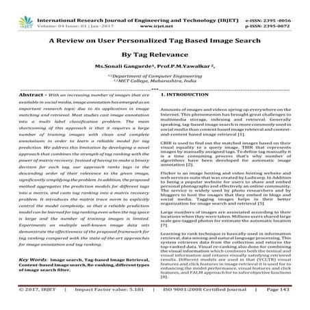 IRJET-A Review on User Personalized Tag Based Image Search by Tag Relevance