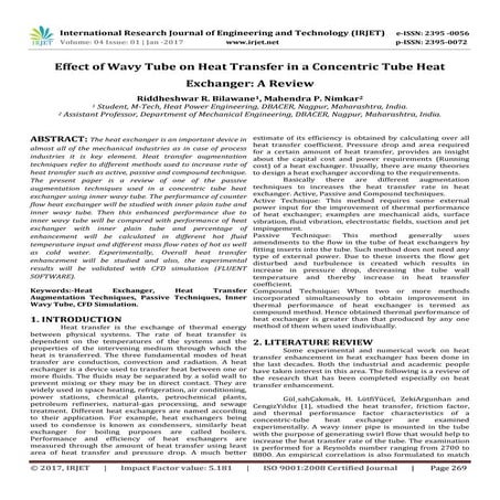 Effect of Wavy Tube on Heat Transfer in a Concentric Tube Heat Exchanger: A R...