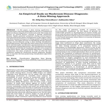 An Empirical Study on Mushroom Disease Diagnosis:A Data Mining Approach