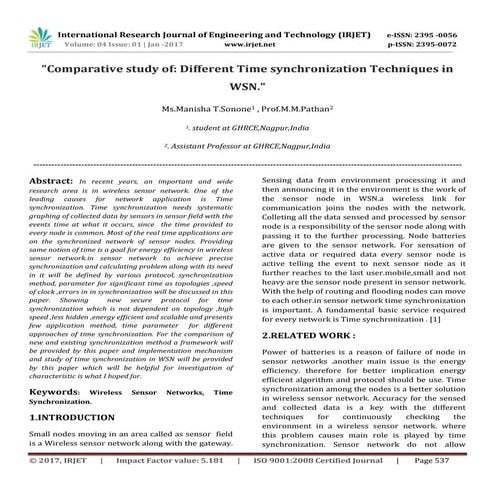 Comparative study of Different Time synchronization Techniques in WSN