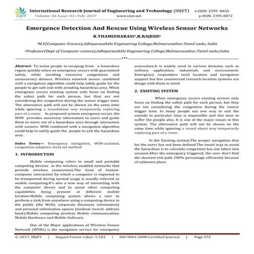 Emergence Detection And Rescue Using Wireless Sensor Networks