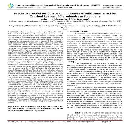 Predictive Model for Corrosion Inhibition of Mild Steel in HCl by Crushed Lea...