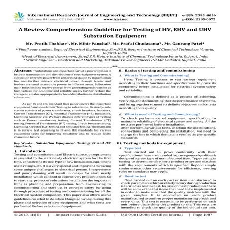 A Review Comprehension: Guideline for Testing of HV, EHV and UHV Substation E...
