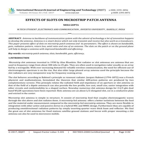 Effects of slots on microstrip patch antenna