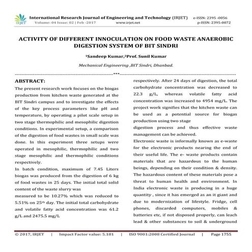 Activity of different innoculation on food waste anaerobic digestion system o...