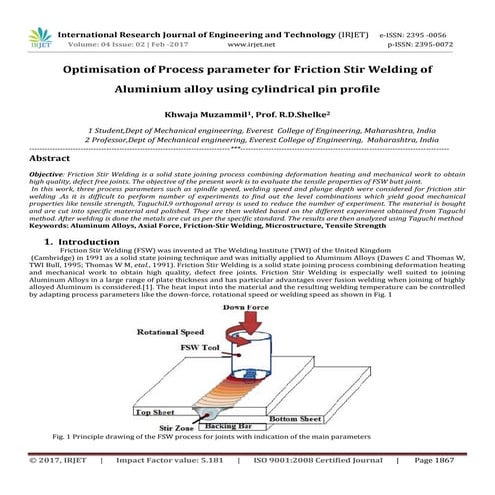 Optimisation of Process parameter for Friction Stir Welding of Aluminium allo...