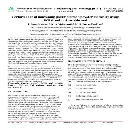 Performance of machining parameters on powder metals by using PCBN tool and c...