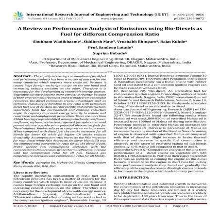 A Review on Performance Analysis of Emissions using Bio-Diesels as Fuel for d...