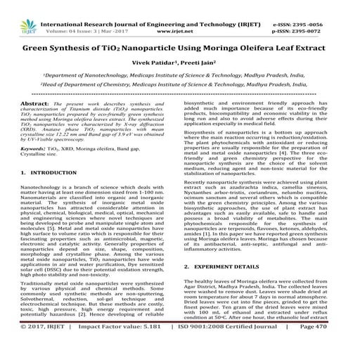 Green Synthesis of TiO2 Nanoparticle Using Moringa Oleifera Leaf Extract