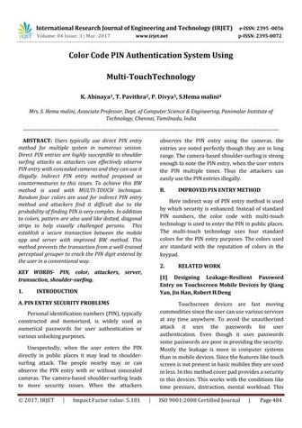 Color Code PIN Authentication System Using Multi-TouchTechnology
